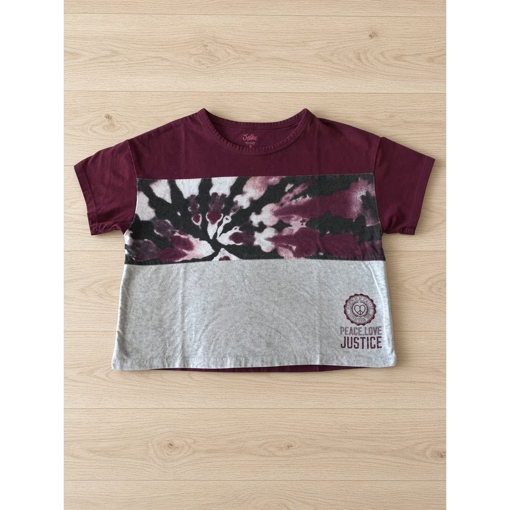 Justice Girls Size S 7/8 Burgundy Colorblock Tie Dye Peace Love Justice Tee